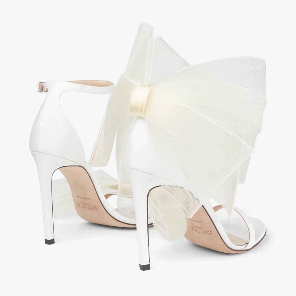 Jimmy Choo White Satin Tulle Bow Stiletto Heels - Picture 7 of 11